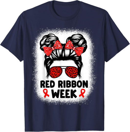Red Ribbon Week Women Messy Bun Red Ribbon Week Awareness T-Shirt - T-Shirt | Navy