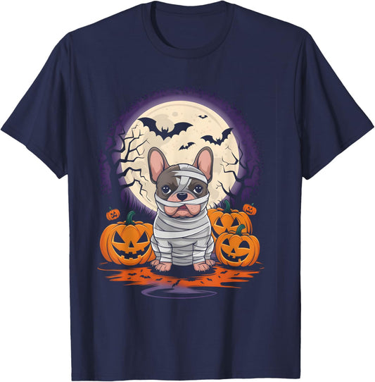 Spooky French Bulldog Mummy Full Moon - Halloween Dog T-Shirt - T-Shirt | Navy