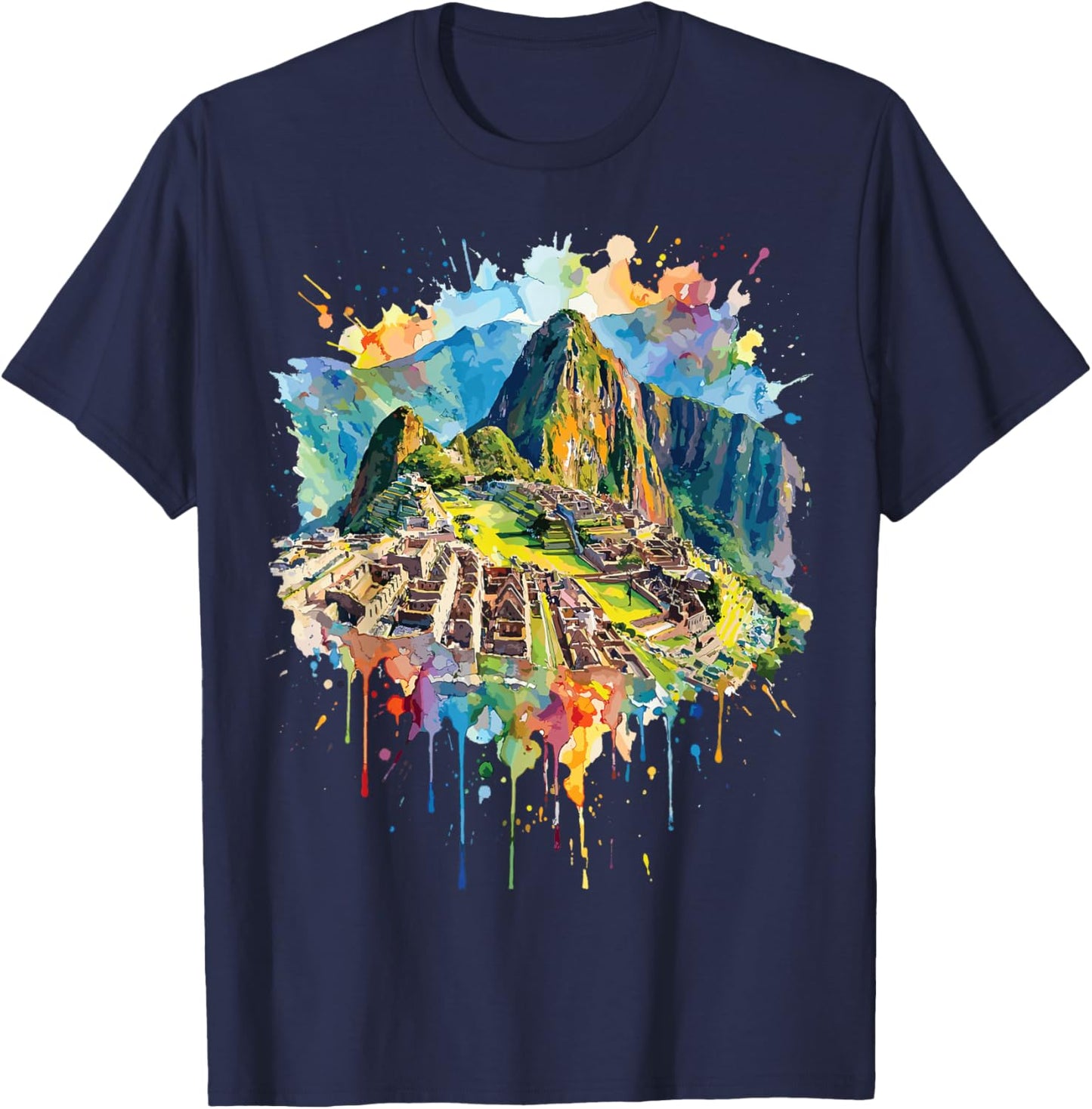 Machu Picchu Watercolor Style Peru Inca Ruins T-Shirt - T-Shirt | Navy