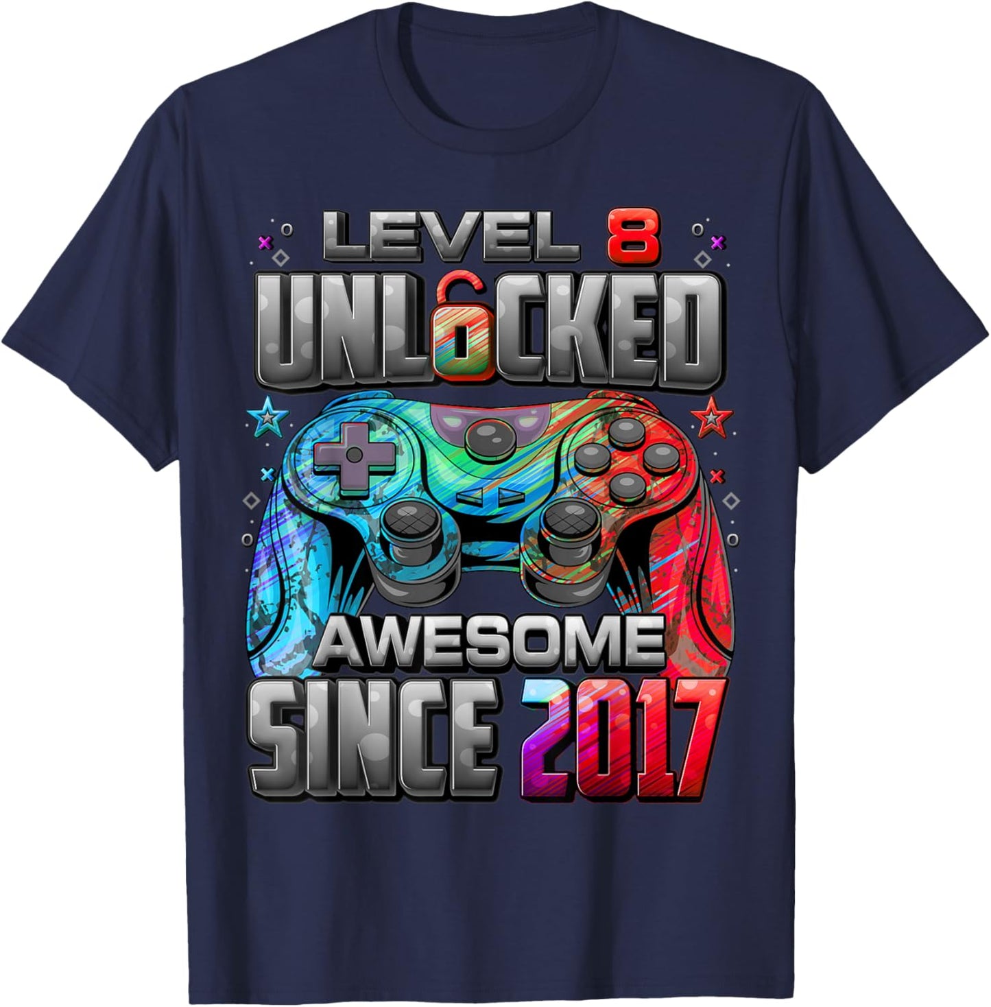Level 8 Unlocked Awesome Since 2017 8th Birthday Gaming T-Shirt - T-Shirt | Navy
