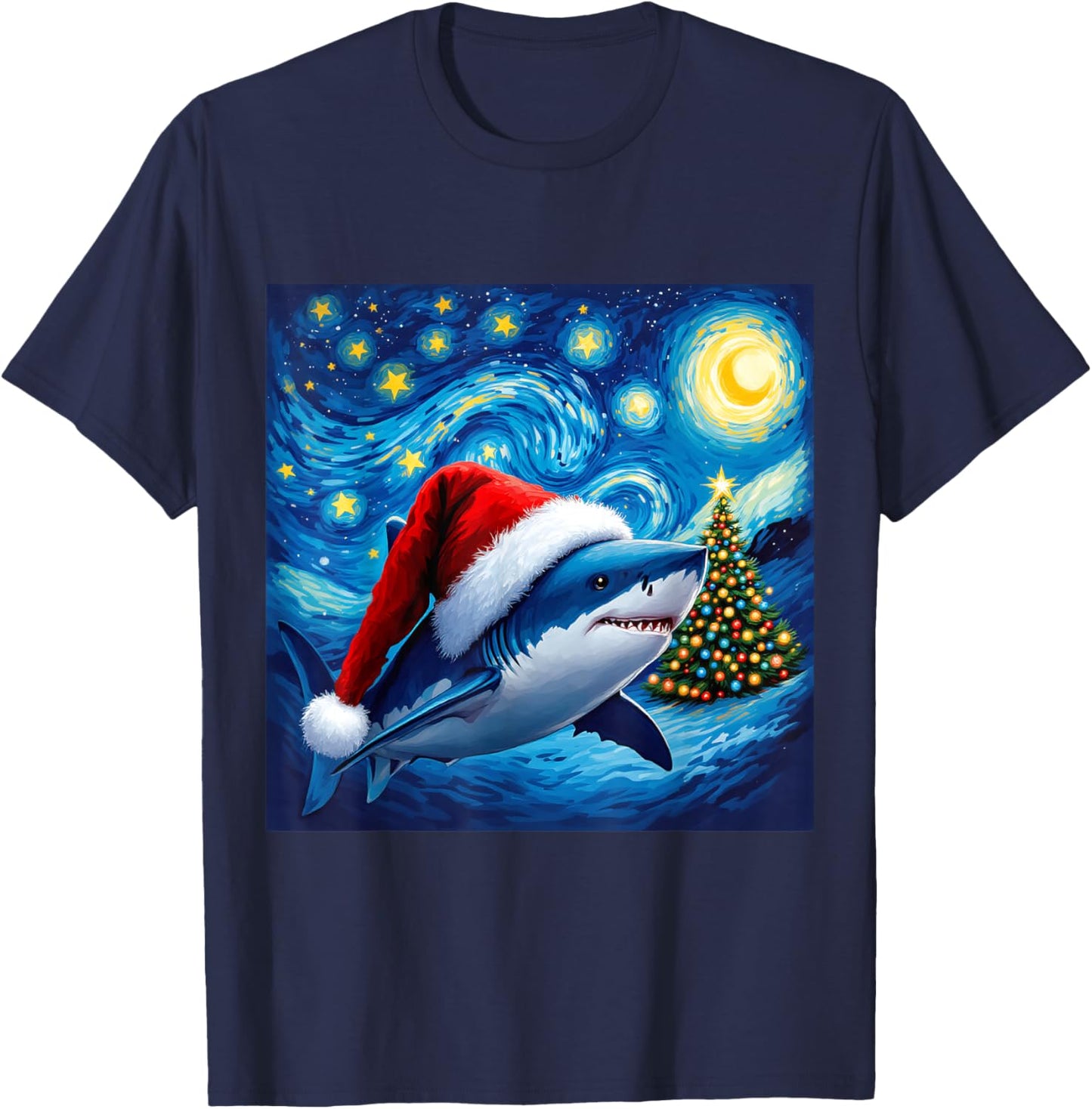 Christmas Shark Santa Hat Van Gogh Starry Night Holiday T-Shirt - T-Shirt | Navy