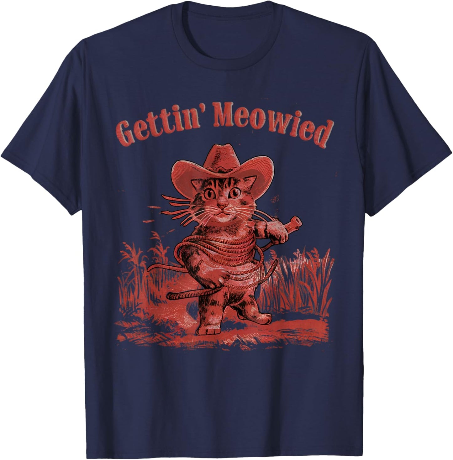 Gettin' Meowied Cat Cowboys Western Love Meowdy Fun Graphic T-Shirt - T-Shirt | Navy