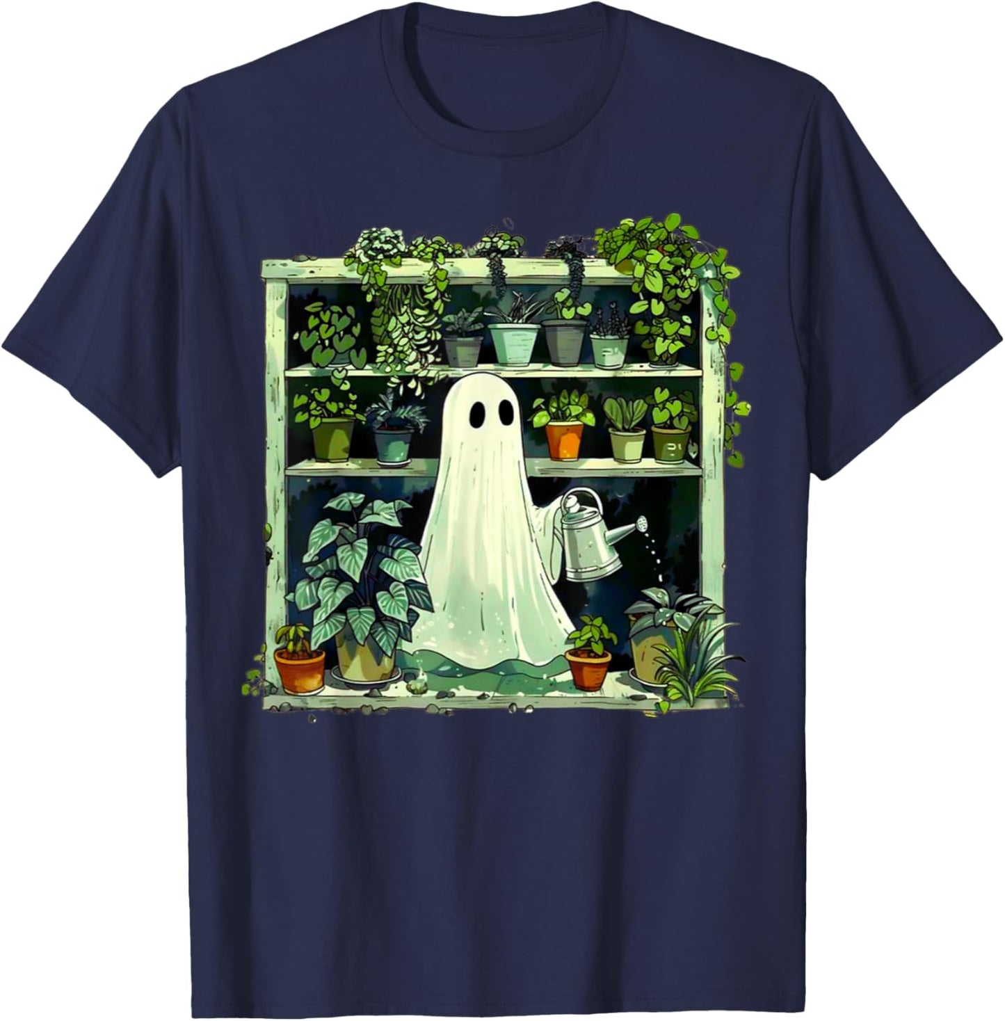 Spooky Ghost Watering Plants Funny Halloween Garden Lover T-Shirt - T-Shirt | Navy