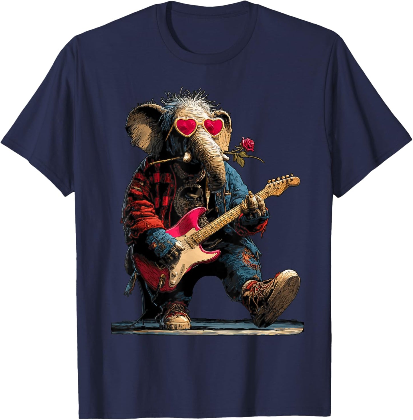 Éléphant Jouant de la Guitare Guitariste Animal Saint-Valentin T-Shirt - T-Shirt | Navy