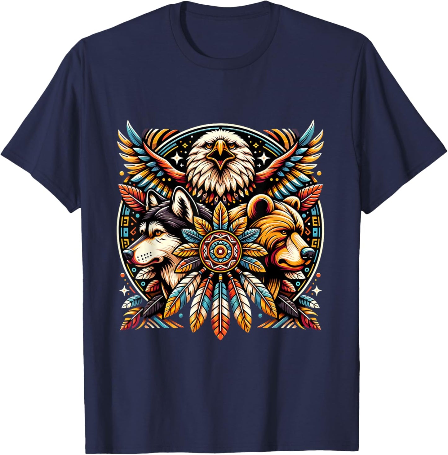 Native American Tribal Animals Bear Wolf Eagle Bohemian T-Shirt - T-Shirt | Navy