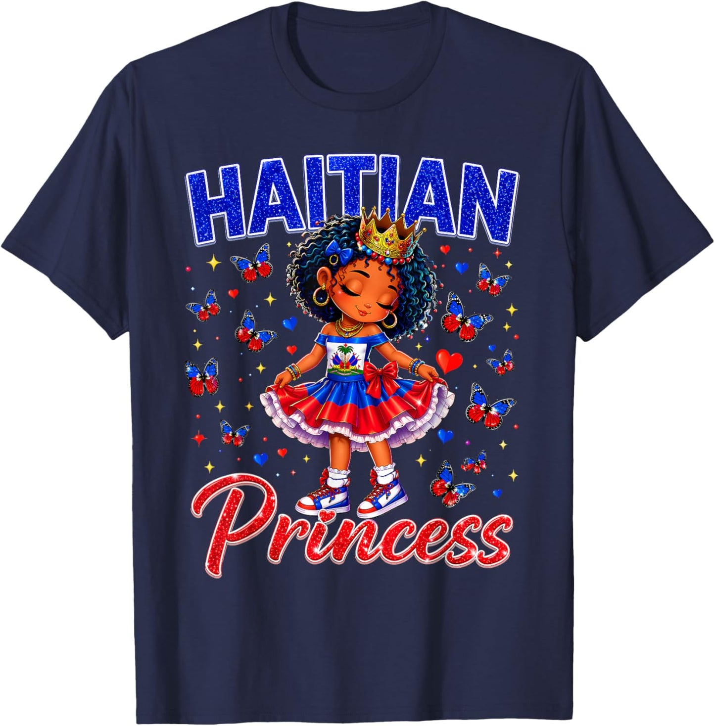 Cute Melanin Haitian Princess Haiti Flag Gift Girls Kids T-Shirt - T-Shirt | Navy