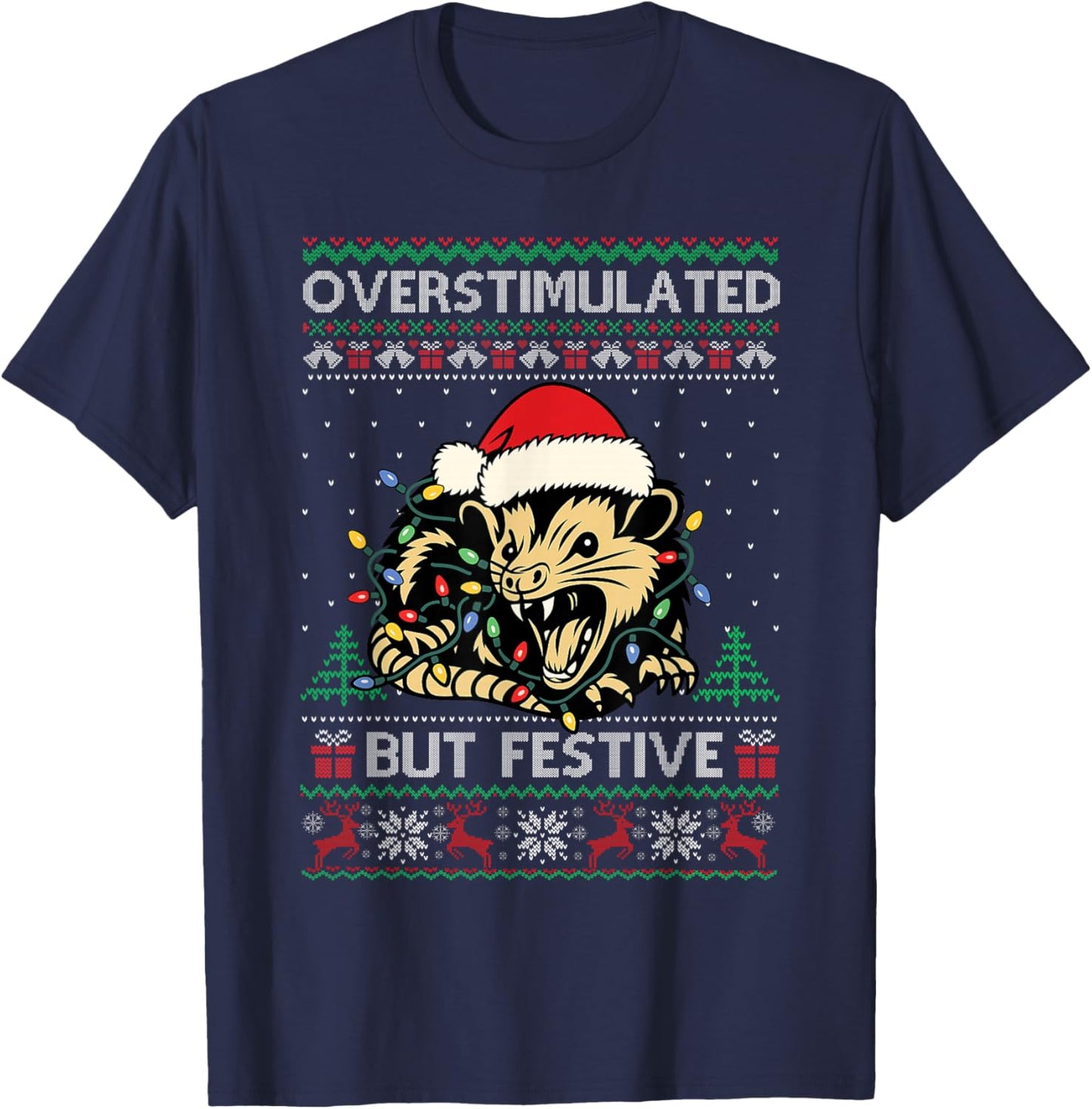 Overstimulated But Festive Possum Christmas Pajamas Ugly T-Shirt - T-Shirt | Navy
