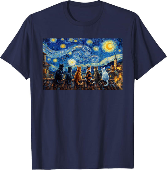 Funny Cat Starry Night Van Gogh Cats Rooftop Scene Feline T-Shirt - T-Shirt | Navy