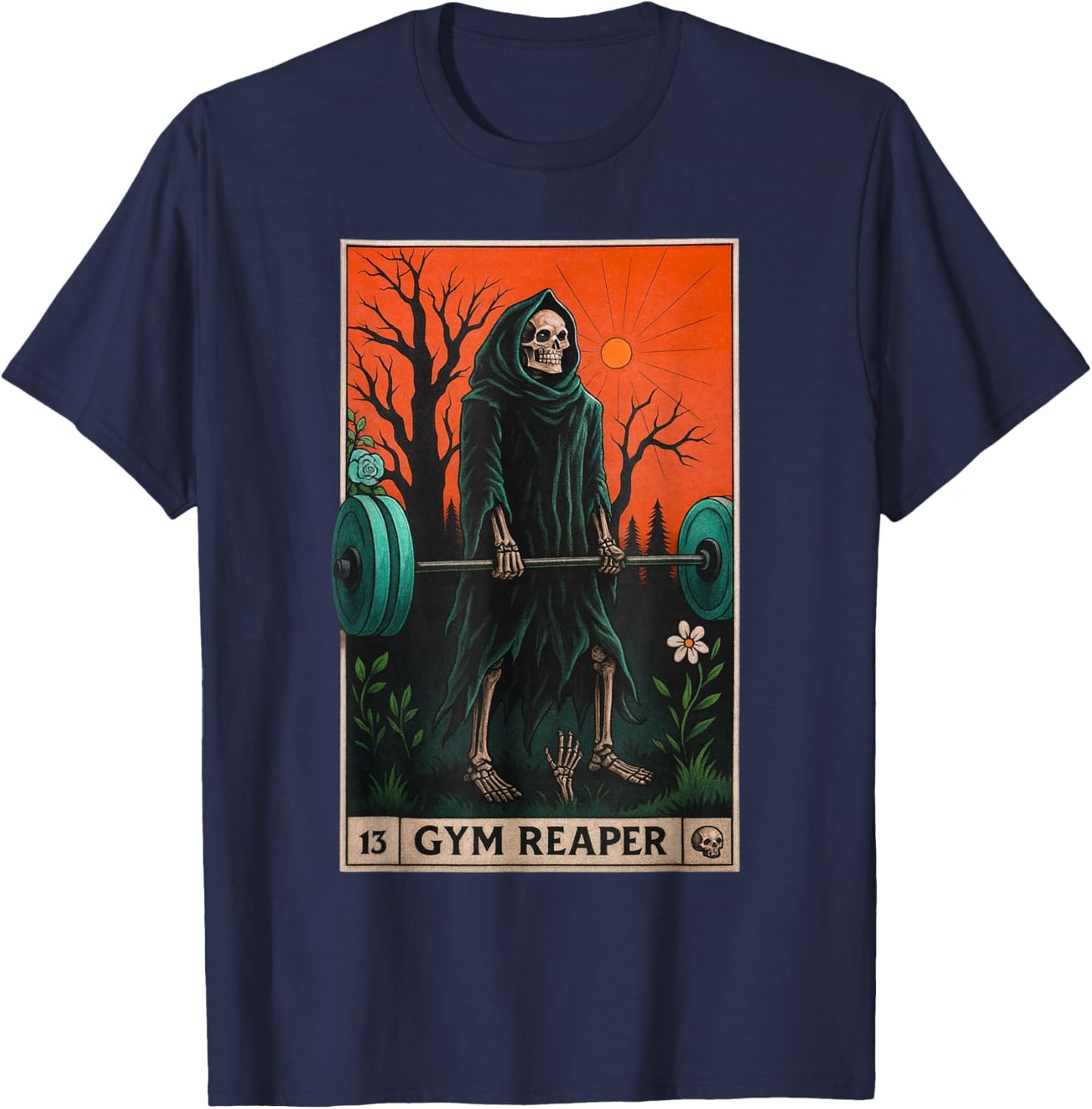 Gym Reaper Deadlifts Weightlifting Workout Occult Tarot Card T-Shirt - T-Shirt | Navy