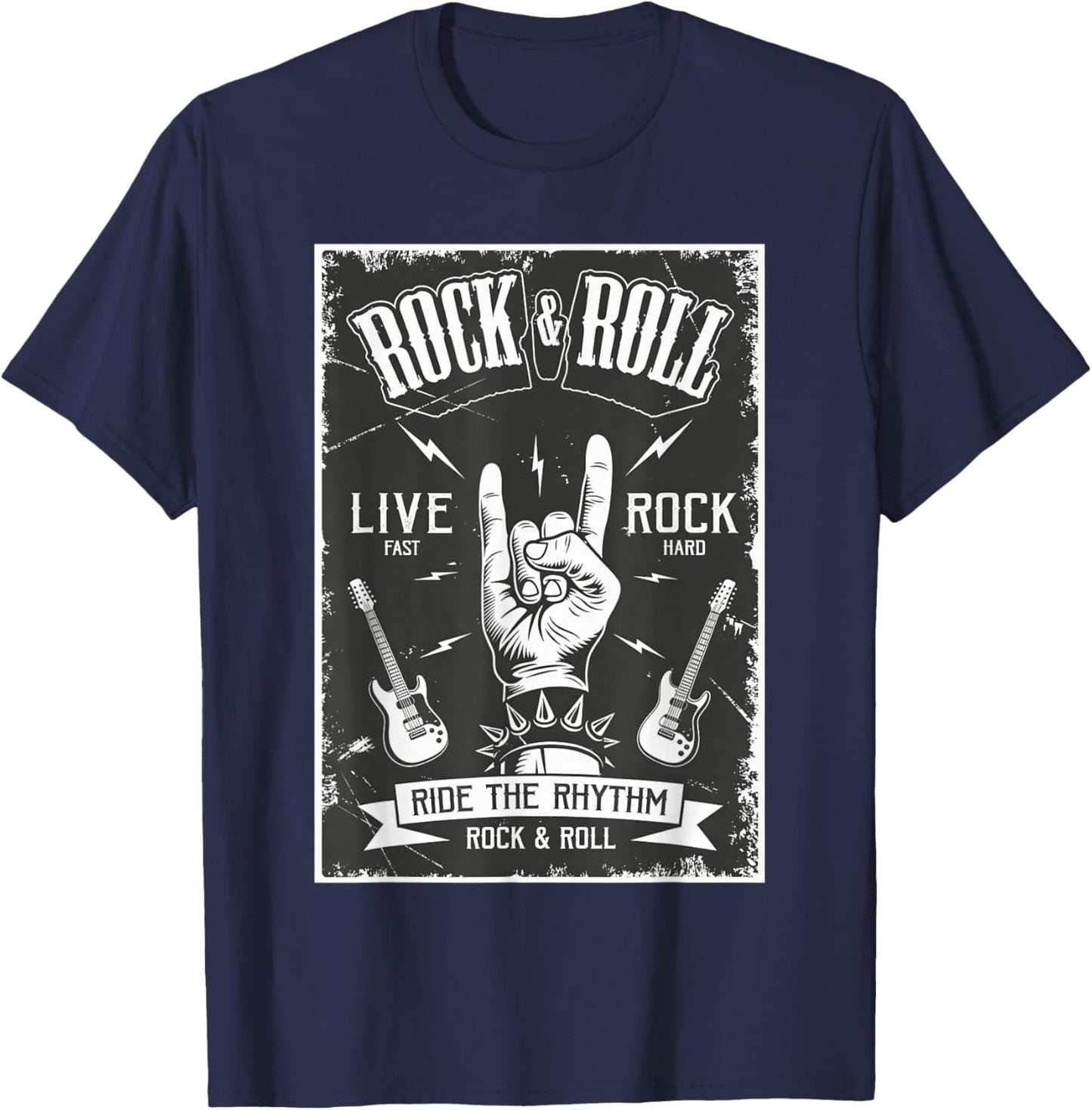 Rock N Roll Hand Sign Rock-On Guitar Music Band Concert 80s T-Shirt - T-Shirt | Navy