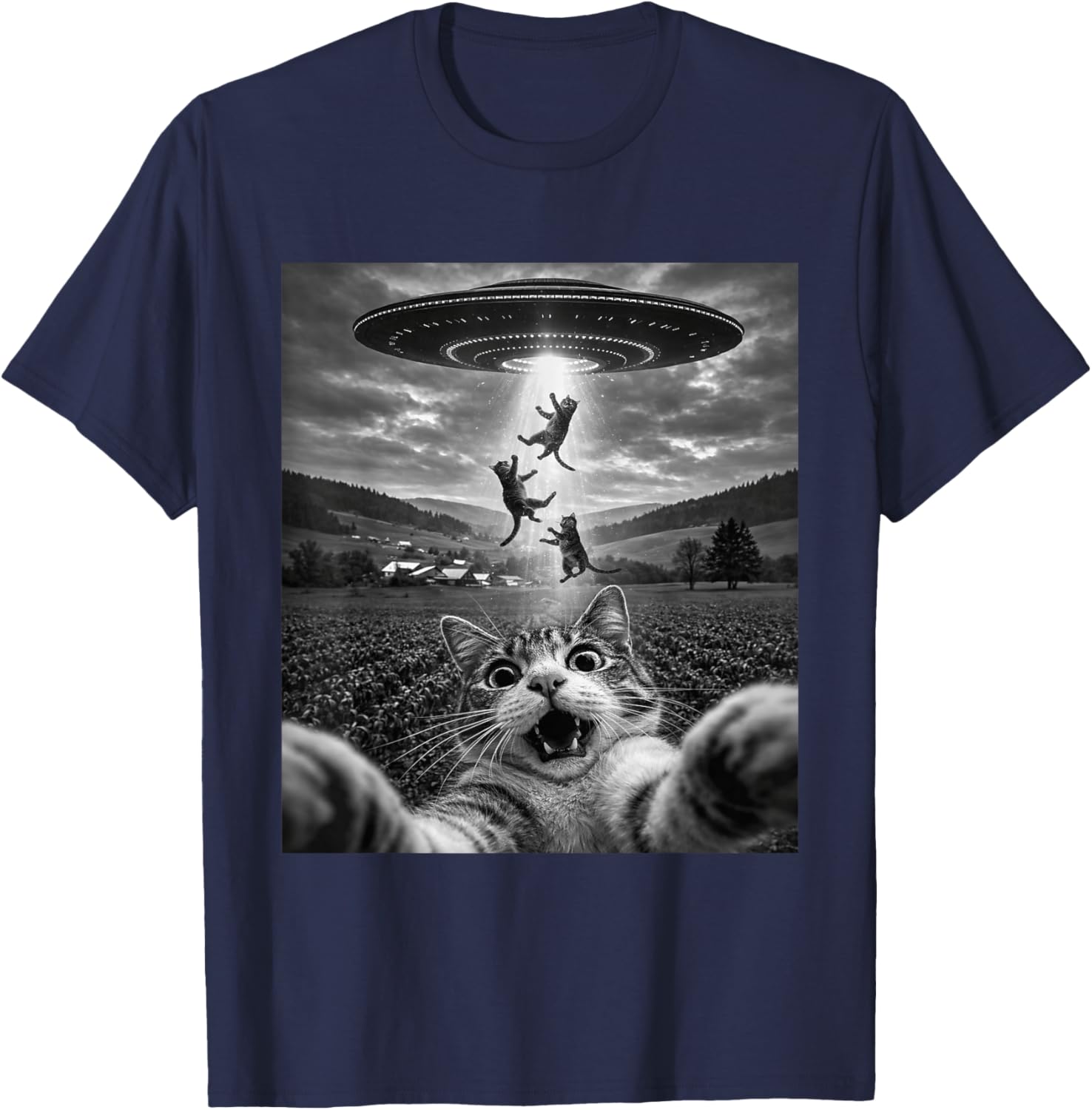 Funny Cat UFO Abduction Selfie with Alien T-Shirt - T-Shirt | Navy