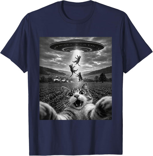 Funny Cat UFO Abduction Selfie with Alien T-Shirt - T-Shirt | Navy