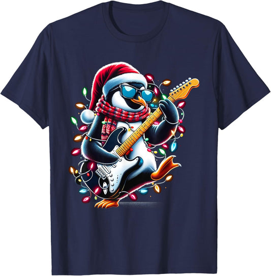 Penguin Playing Guitar Toddler Penguin Christmas Light Xmas T-Shirt - T-Shirt | Navy