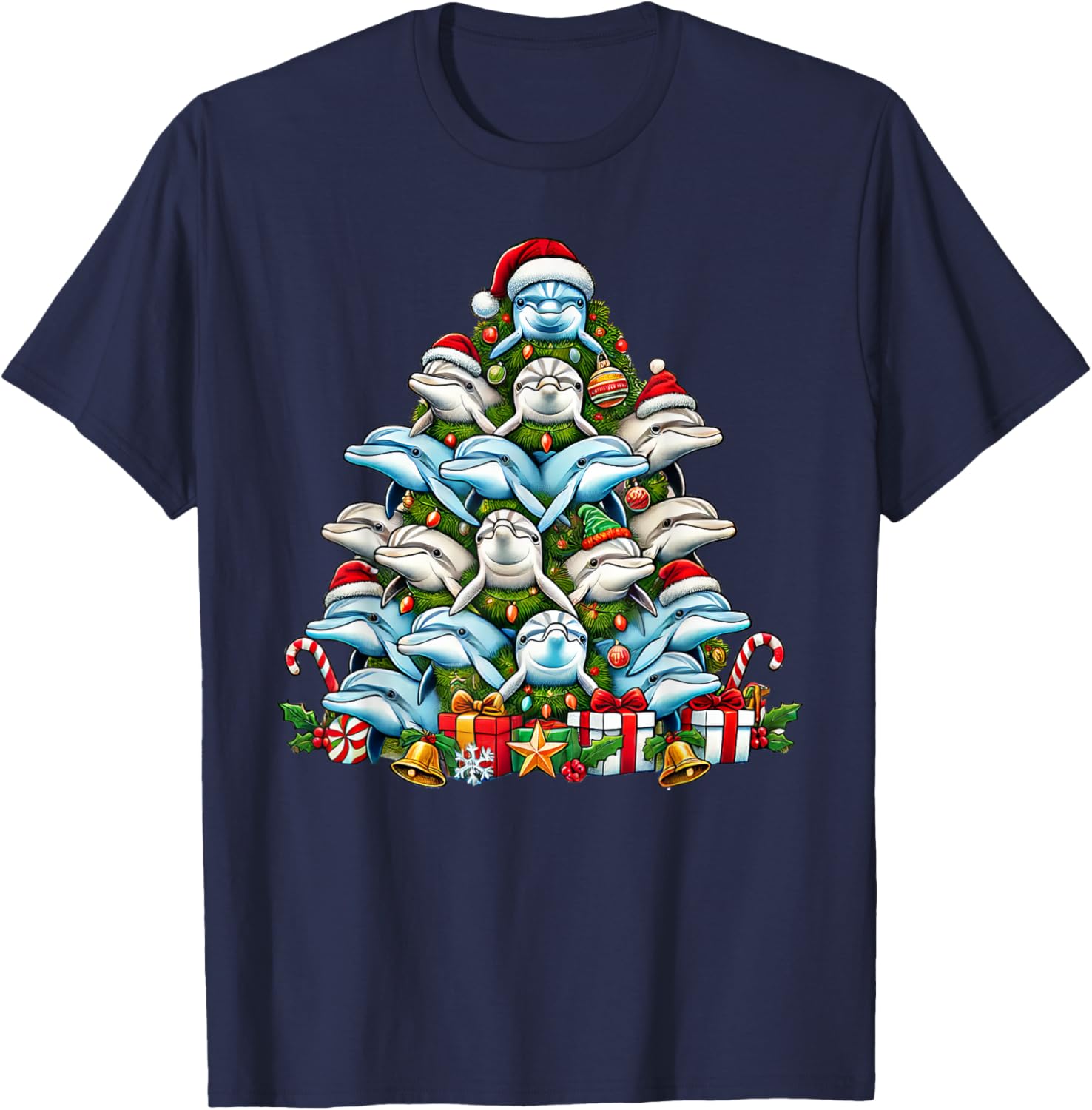 Dolphin Christmas Tree Funny Dolphin Xmas T-Shirt - T-Shirt | Navy