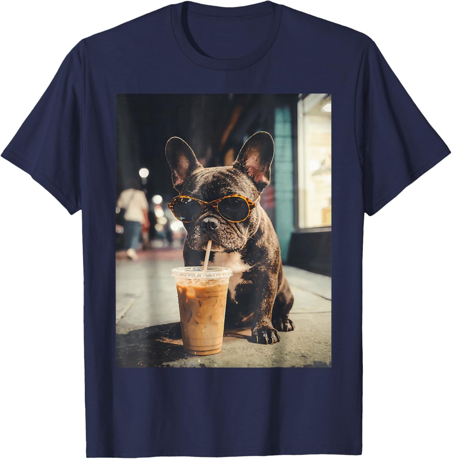 Französische Bulldogge trinkt Eiskaffee, lustiges Tier T-Shirt - T-Shirt | Navy