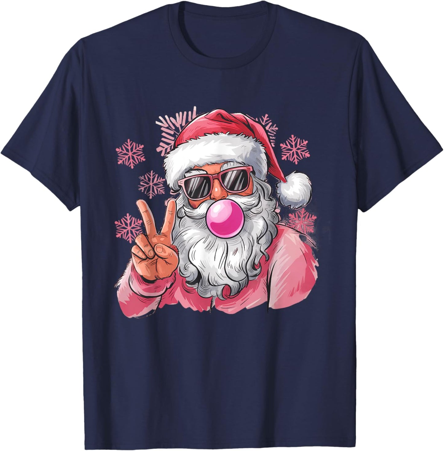Retro Santa Christmas Blowing Bubble Pink Santa Xmas Funny T-Shirt - T-Shirt | Navy