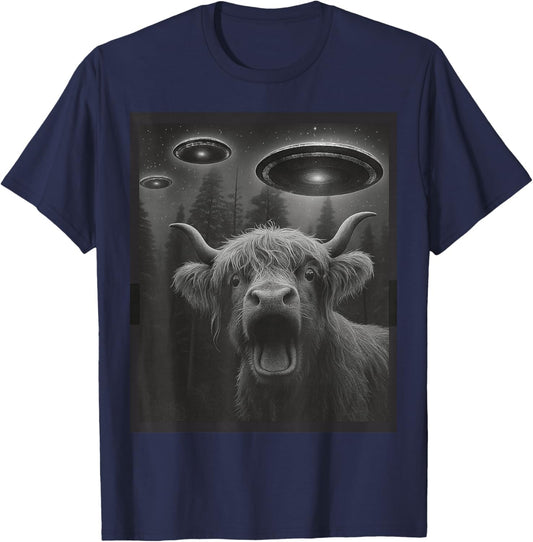 Funny Highland Cow Selfie Alien UFO Gifts Women Kid T-Shirt - T-Shirt | Navy