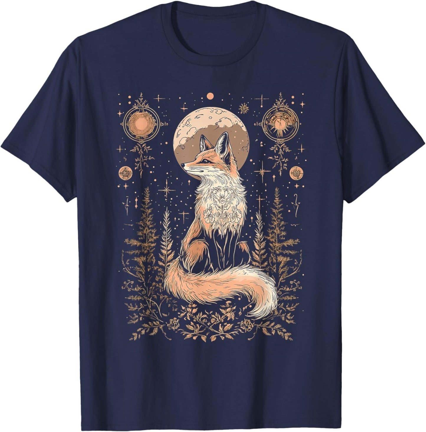 Mystic Moon and Moonphase Fox Mystical Flowers Aesthetic T-Shirt - T-Shirt | Navy