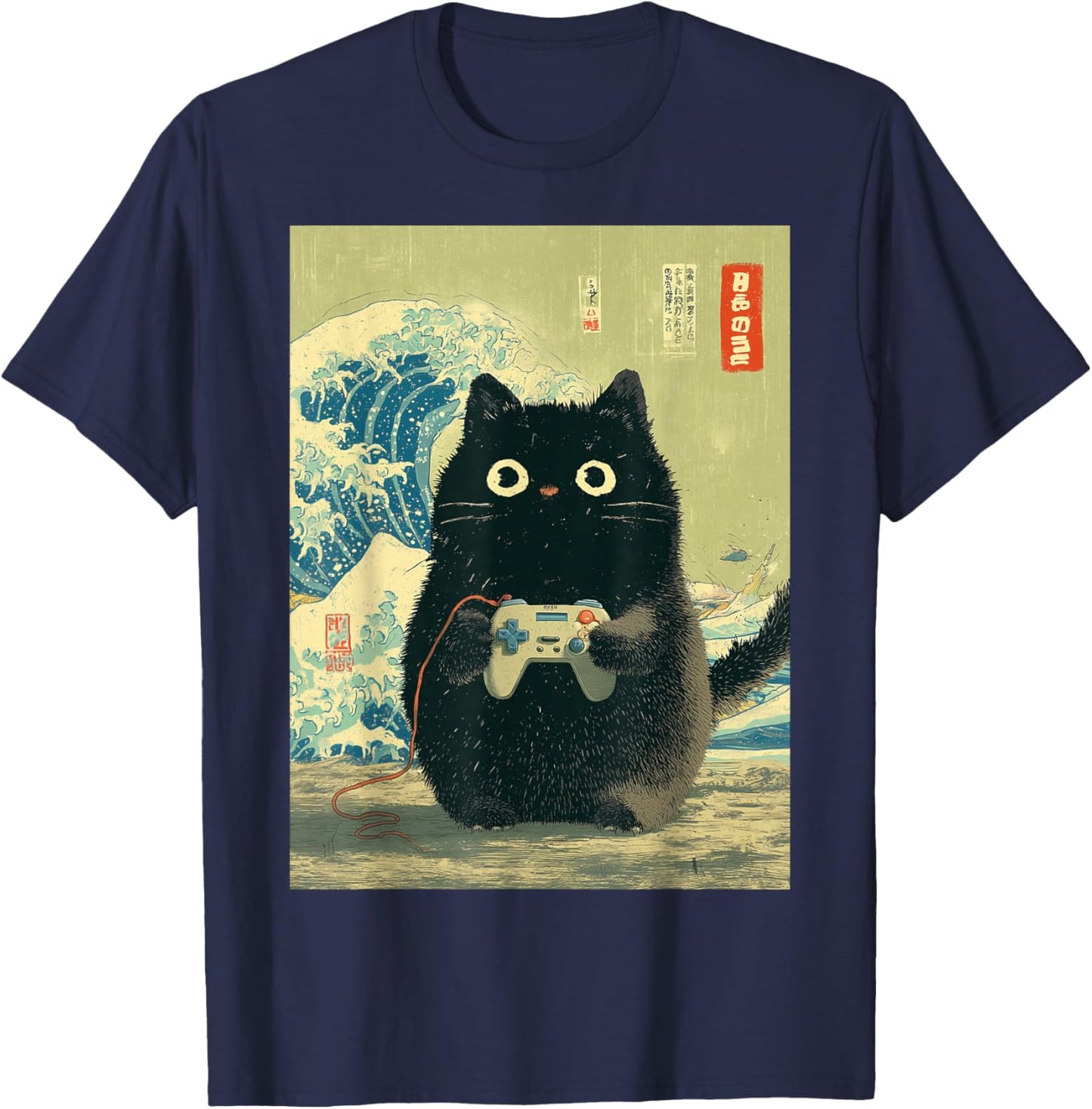 Video Games Japanese Black Gamer Cat Great Wave Cat Dad T-Shirt - T-Shirt | Navy