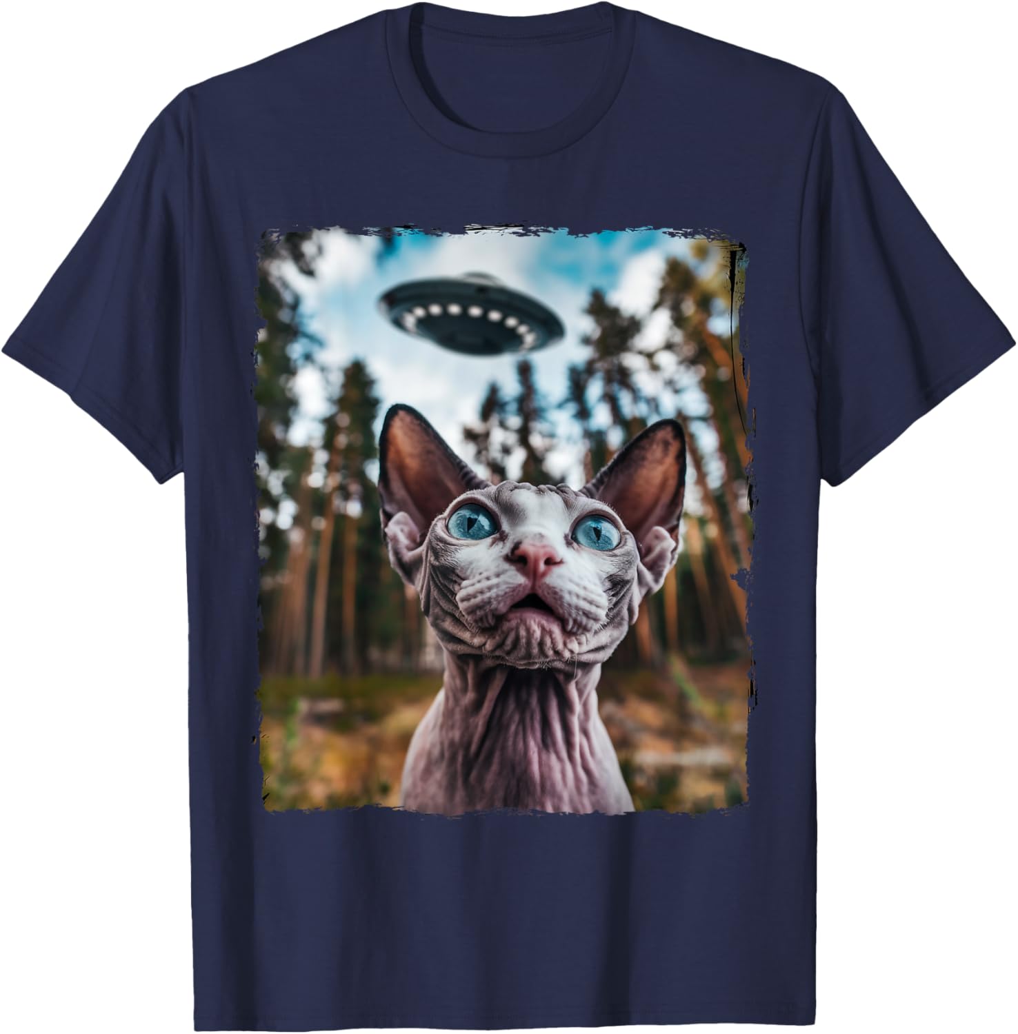 Sphynx Cat Selfie With Alien UFO Cat Gifts Women Kid T-Shirt - T-Shirt | Navy