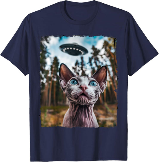 Sphynx Cat Selfie With Alien UFO Cat Gifts Women Kid T-Shirt - T-Shirt | Navy