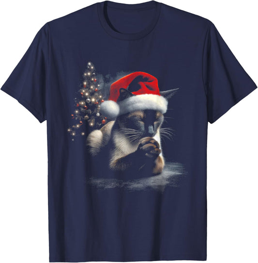 Siamese Cat Santa Hat - Vintage Cat Xmas Christmas Lover T-Shirt - T-Shirt | Navy
