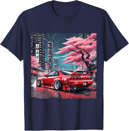 Vintage JDM Race Car Tokyo Street Racing Sakura Blossom Art T-Shirt - T-Shirt | Navy