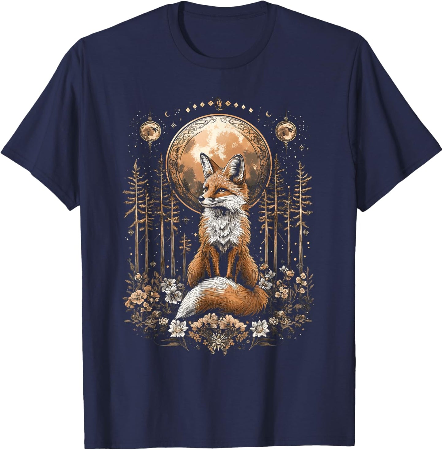 Mystic Moon and Moonphase Fox Mystical Flowers Aesthetic T-Shirt - T-Shirt | Navy