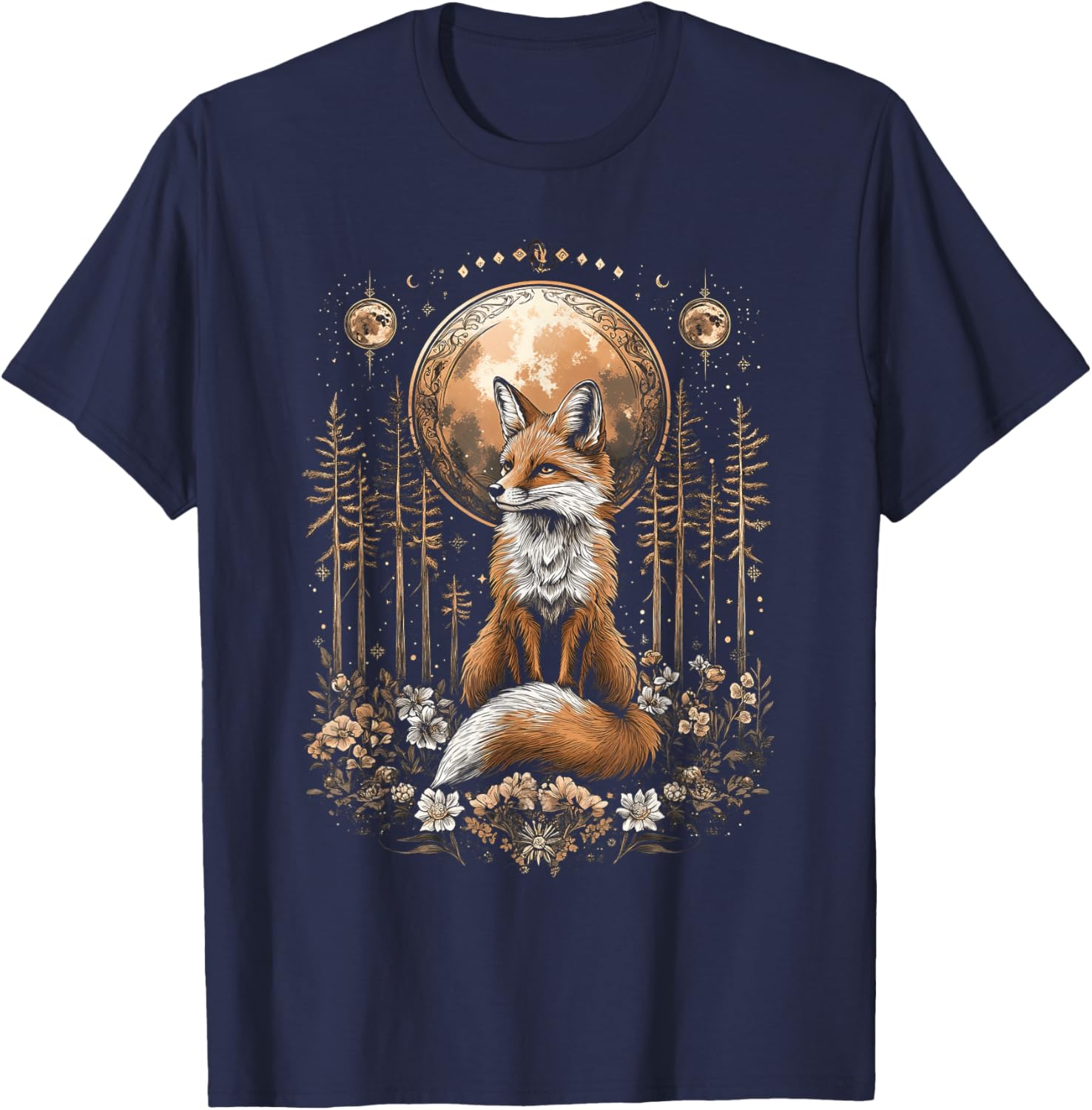 Mystic Moon and Moonphase Fox Mystical Flowers Aesthetic T-Shirt - T-Shirt | Navy