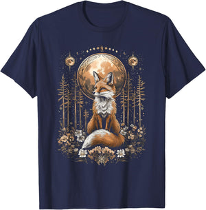 Mystic Moon and Moonphase Fox Mystical Flowers Aesthetic T-Shirt - T-Shirt | Navy