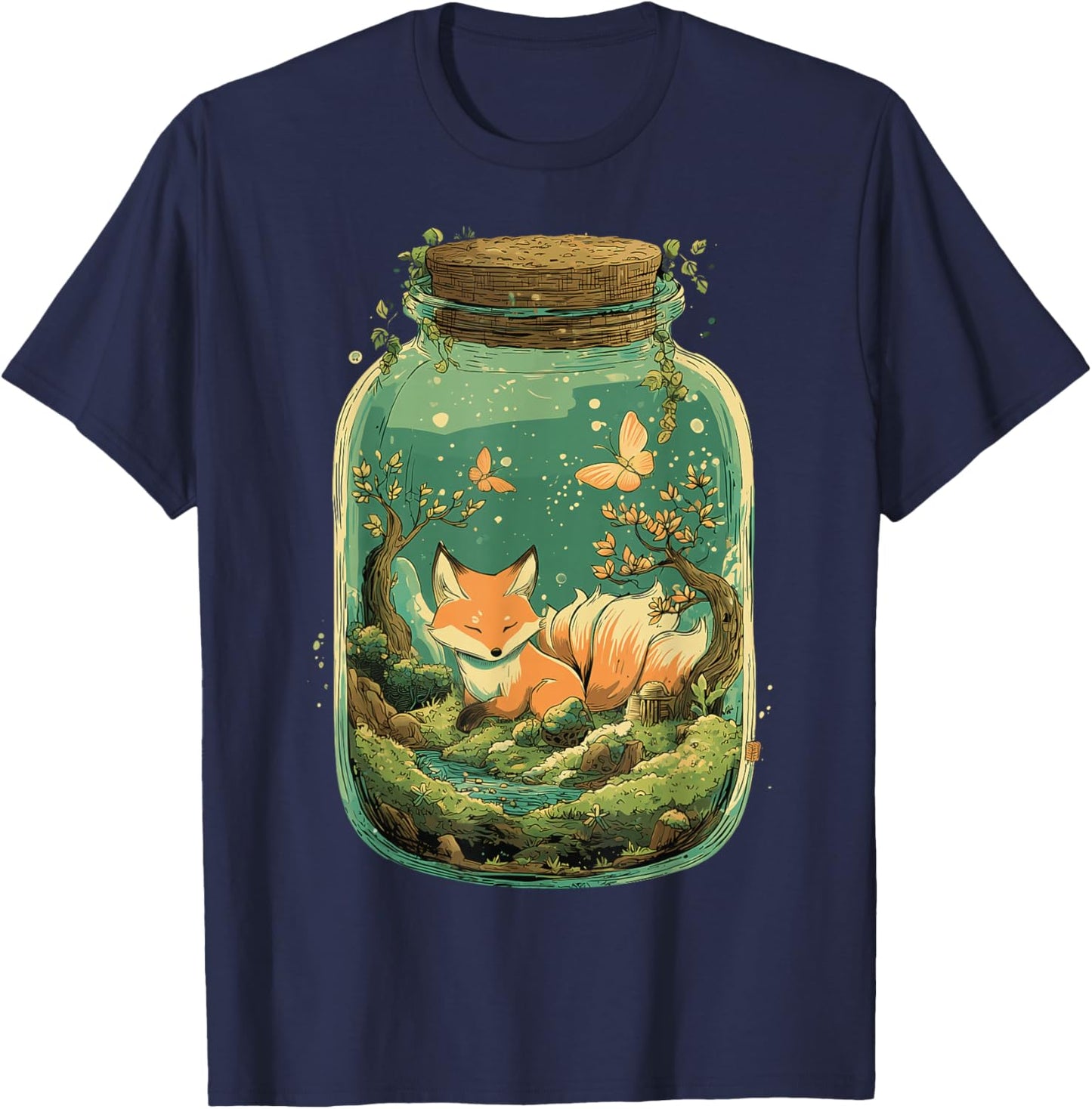 Magical Kitsune Nine-Tailed Fox Kawaii Terrarium Art T-Shirt - T-Shirt | Navy