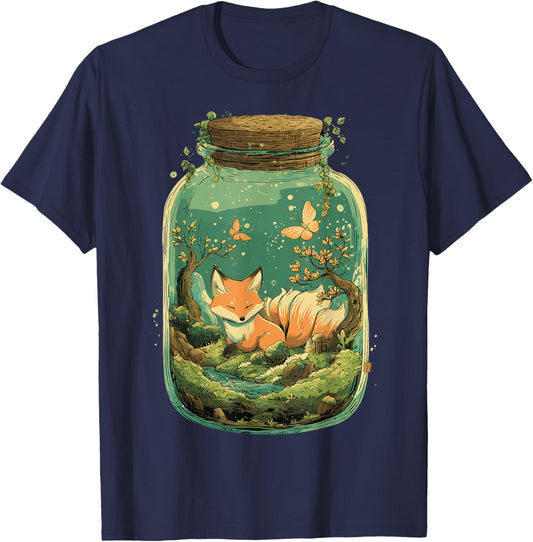 Magical Kitsune Nine-Tailed Fox Kawaii Terrarium Art T-Shirt - T-Shirt | Navy