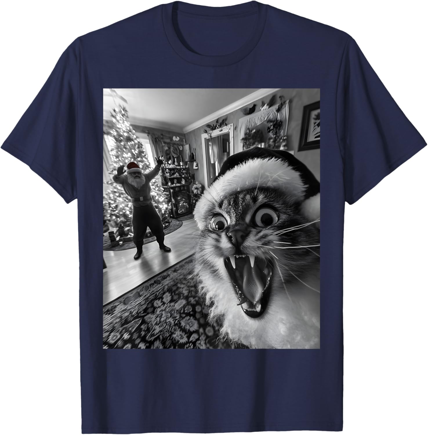Funny Cat Selfie With Santa Christmas Men Women T-Shirt - T-Shirt | Navy