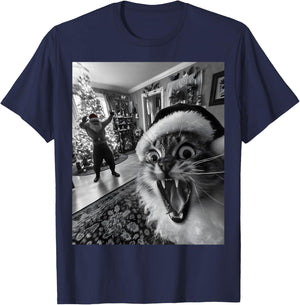 Funny Cat Selfie With Santa Christmas Men Women T-Shirt - T-Shirt | Navy