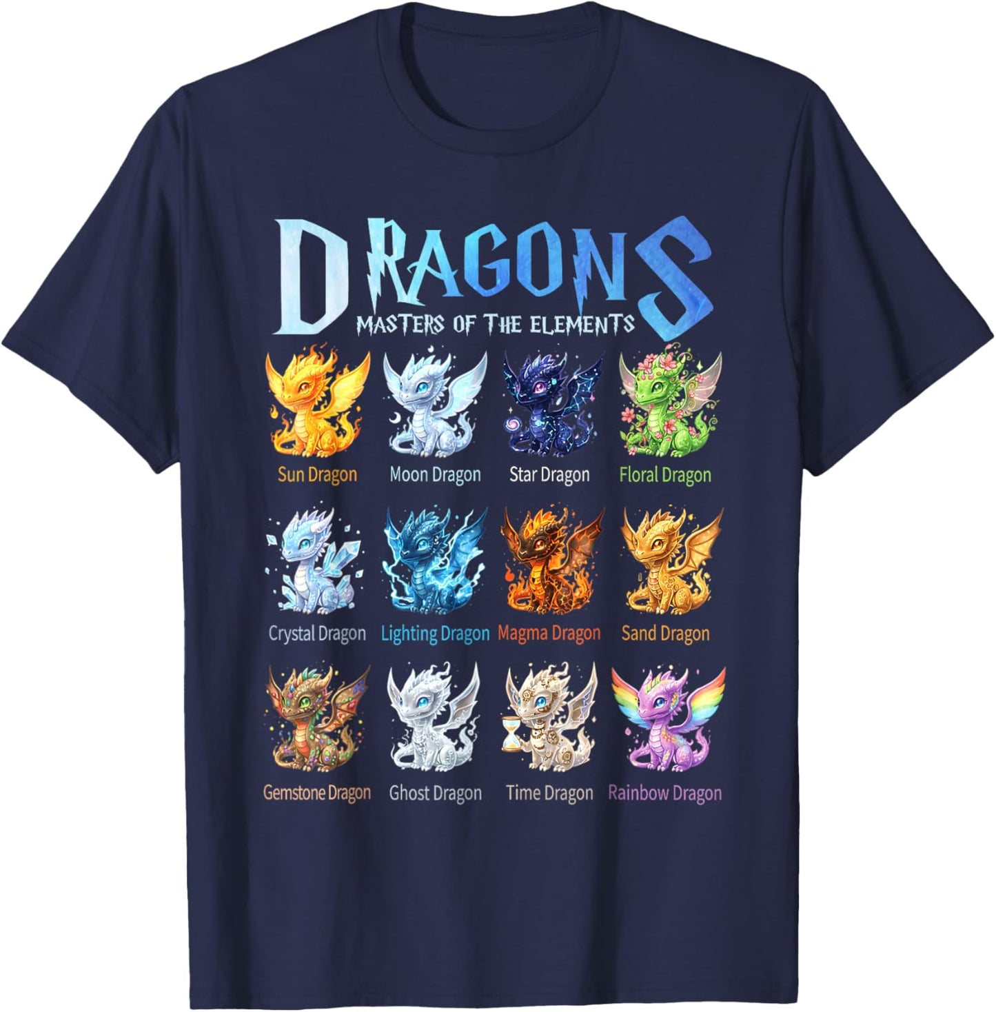 Dragons Masters of The Element Chart - Fantasy Dragon Types T-Shirt - T-Shirt | Navy