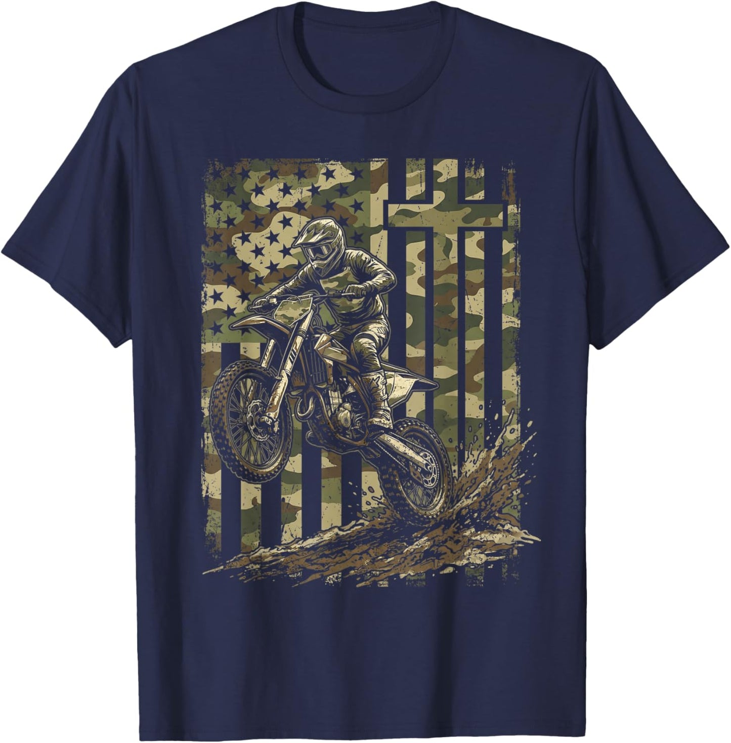 Patriotic Dirt Bike Camo American Flag Christian Motocross T-Shirt - T-Shirt | Navy