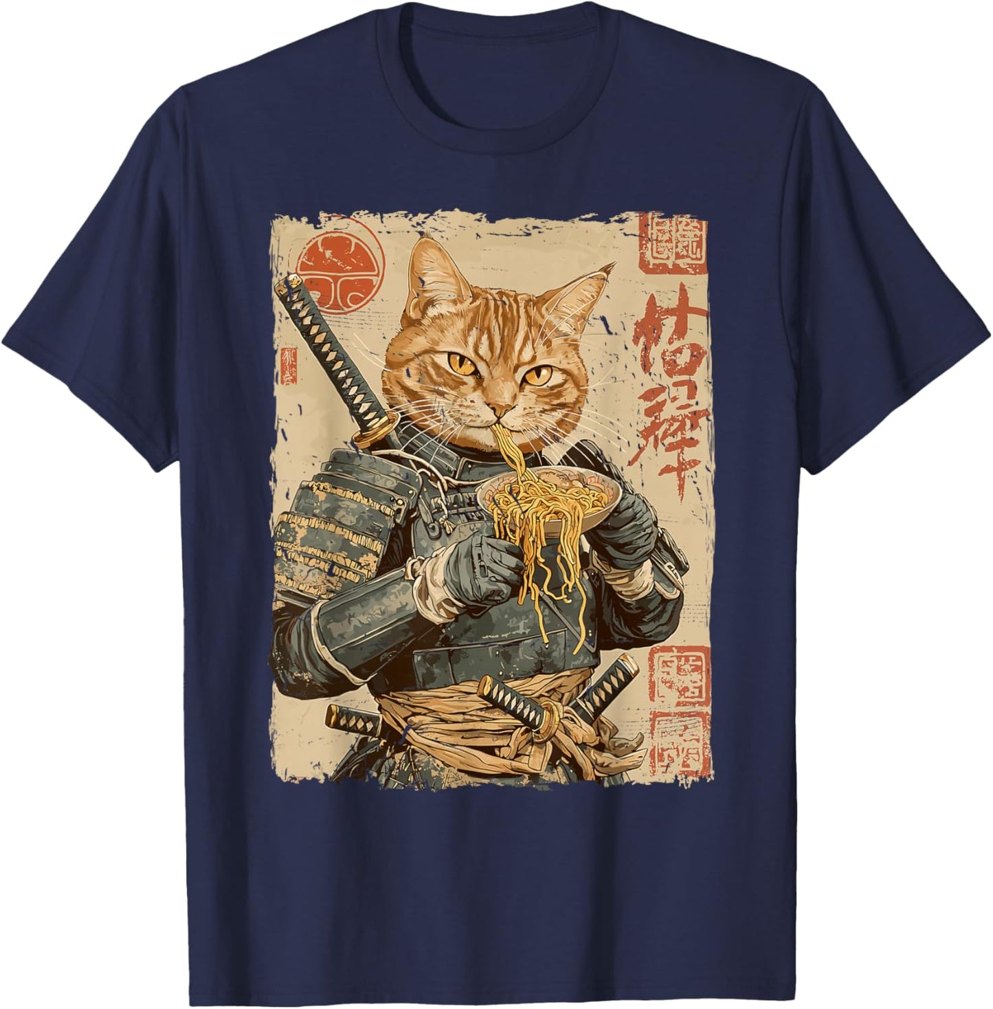 Samurai Cat Loves Ramen Funny Anime Japanese Artwork Samurai T-Shirt - T-Shirt | Navy