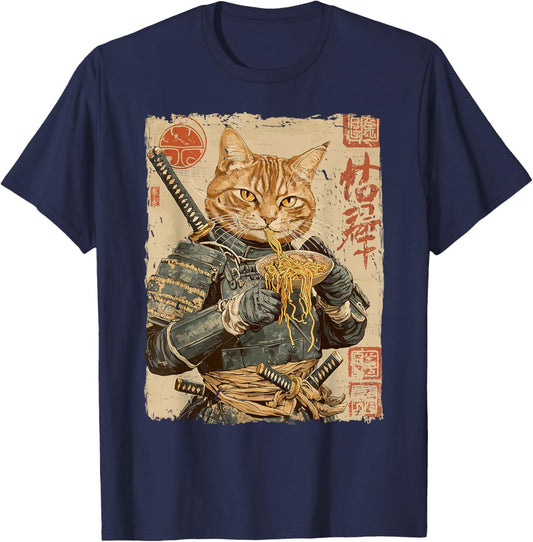 Samurai Cat Loves Ramen Funny Anime Japanese Artwork Samurai T-Shirt - T-Shirt | Navy