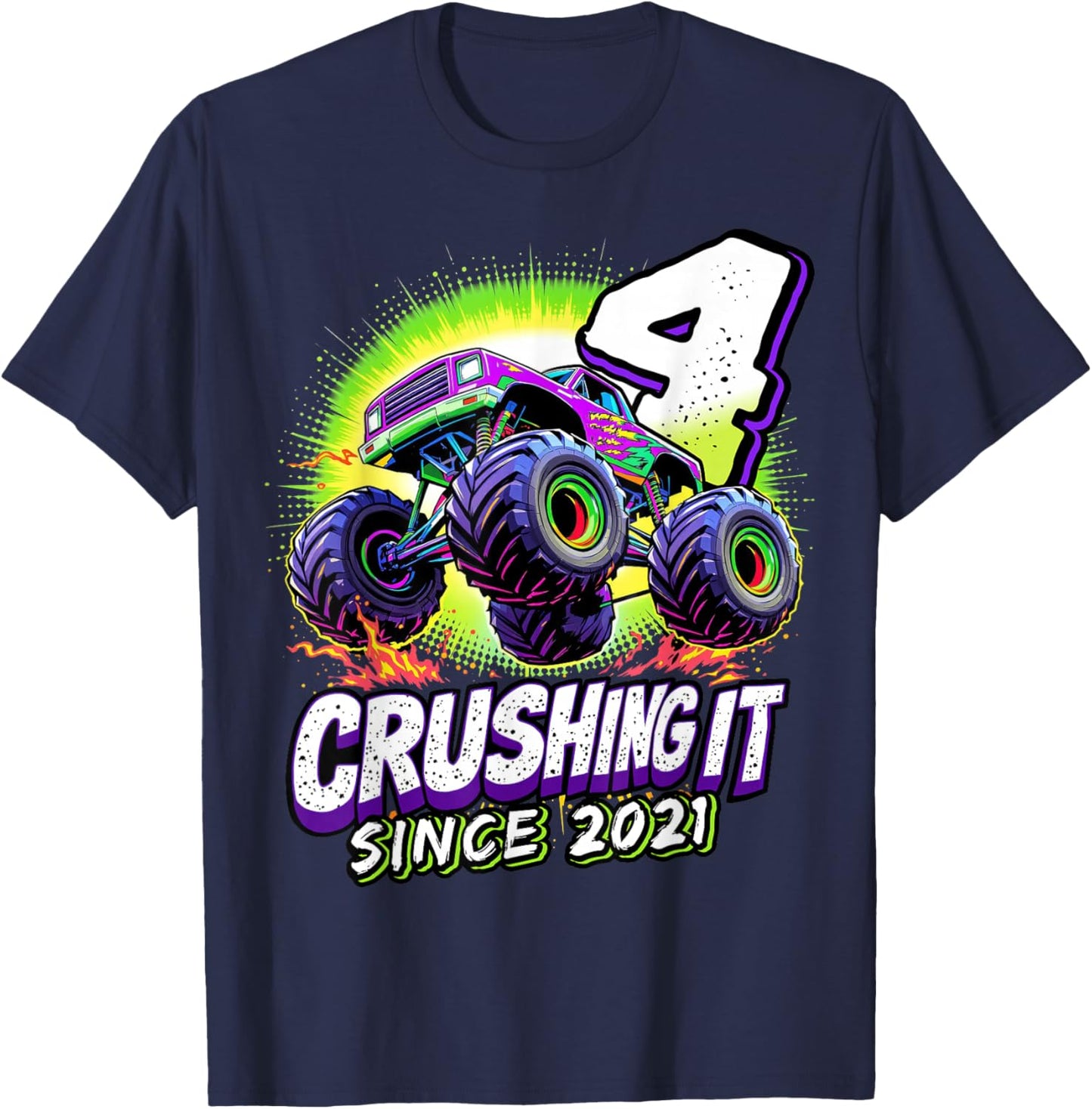Birthday Monster Truck 4 Year Old Boys 4th Party Born 2021 T-Shirt - T-Shirt | Navy