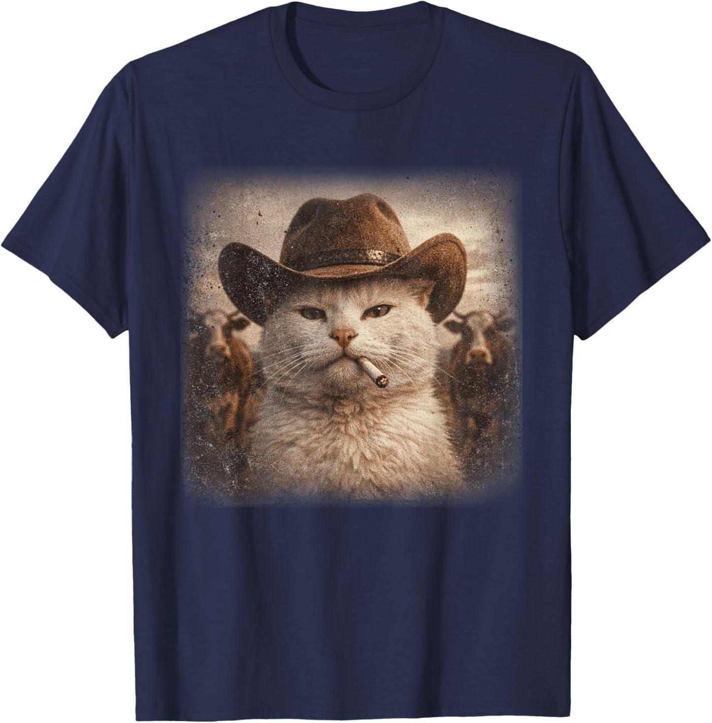 Western Cowboy Cat Smoke A Cigarette Rodeo Country Men Women T-Shirt - T-Shirt | Navy
