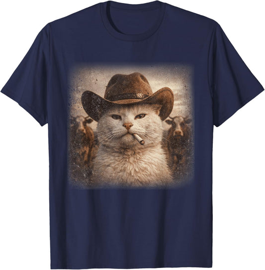 Western Cowboy Cat Smoke A Cigarette Rodeo Country Men Women T-Shirt - T-Shirt | Navy