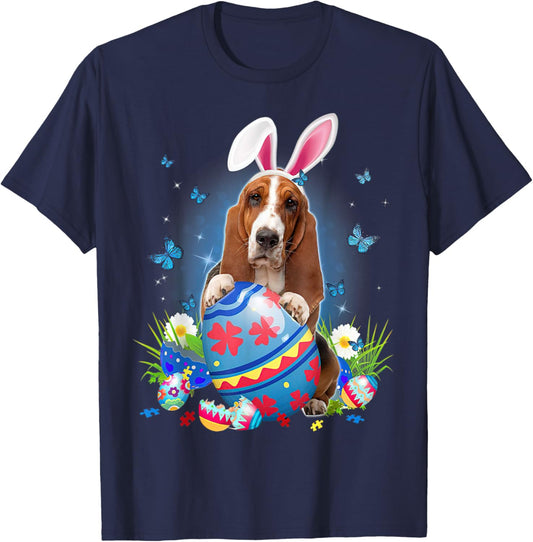 Easter Cute Basset Hound Dog Lover Bunny Eggs Easter T-Shirt - T-Shirt | Navy