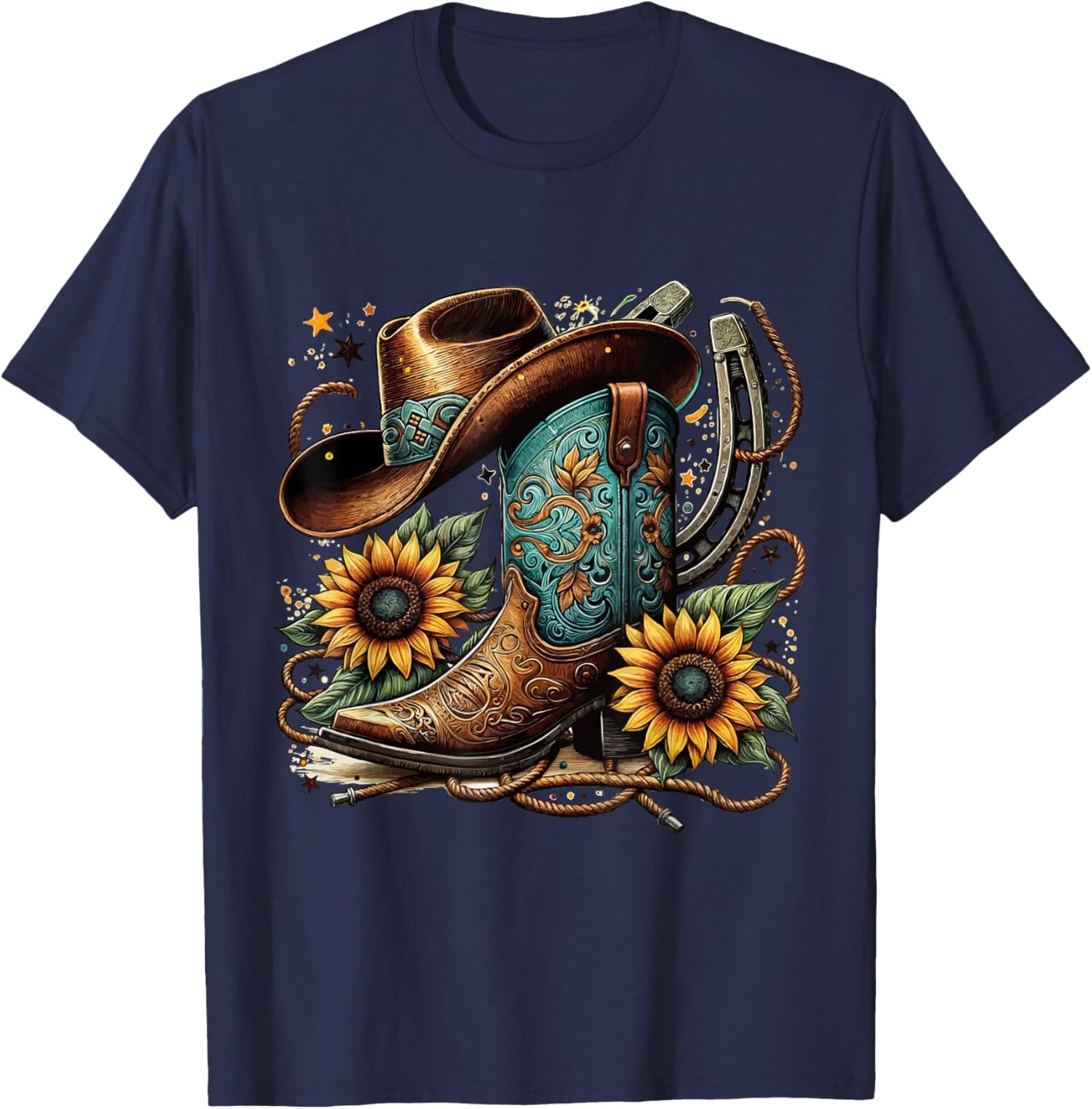 Western Cowboy Boot Horseshoe Sunflower Rope Cowgirl Boot , Small, Black T-Shirt - T-Shirt | Navy