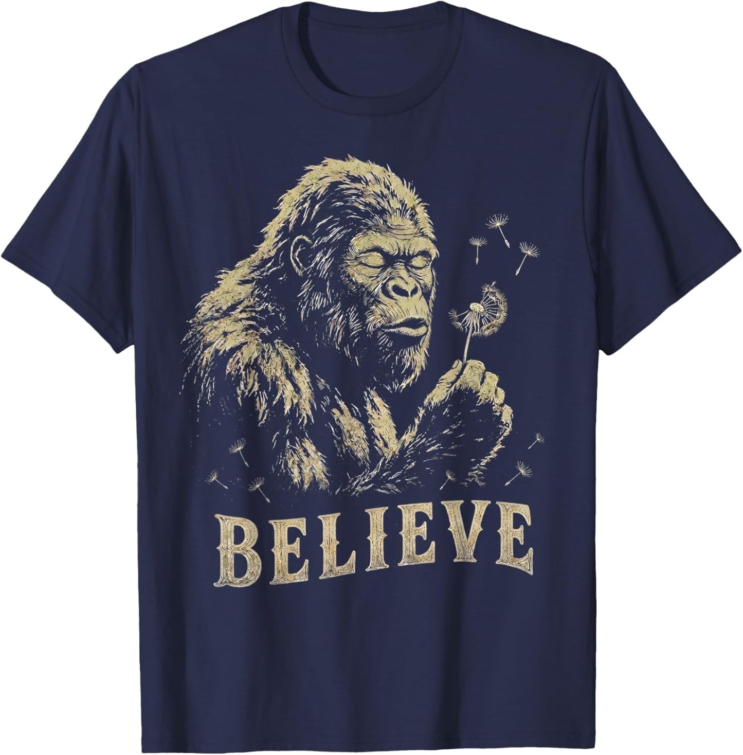 Vintage Sasquatch Believe Cryptid Blowing Dandelion Gifts T-Shirt - T-Shirt | Navy