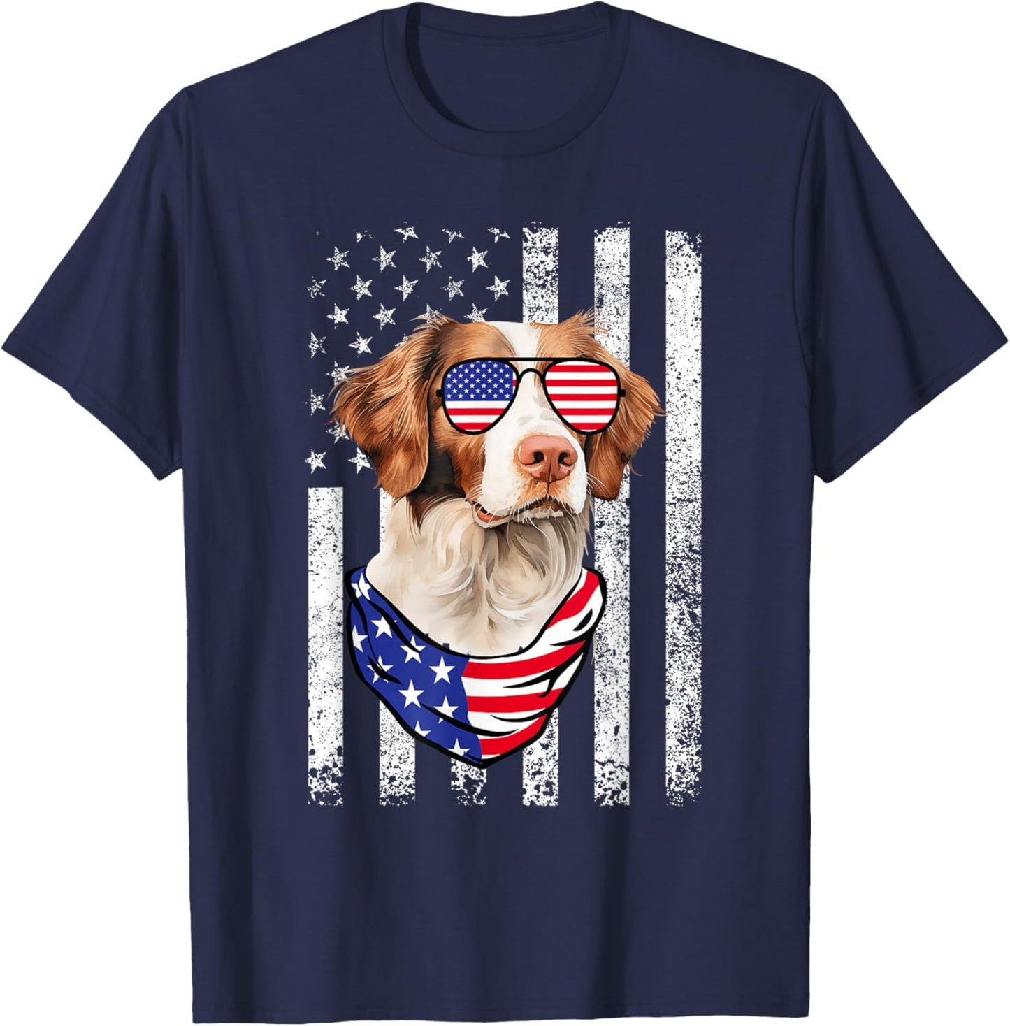 Brittany Spaniel American Flag USA Patriotic 4th of July T-Shirt - T-Shirt | Navy