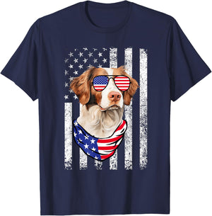 Brittany Spaniel American Flag USA Patriotic 4th of July T-Shirt - T-Shirt | Navy