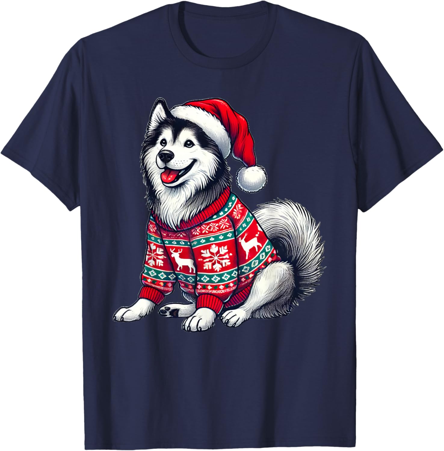 Siberian Husky Dog Ugly Sweater Santa Hat Christmas T-Shirt - T-Shirt | Navy