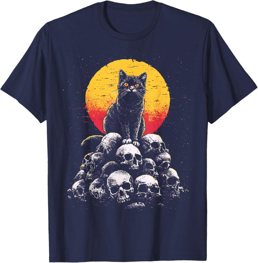 Dark Cat Black Gothic Skeleton Mountain Gothic Art T-Shirt - T-Shirt | Navy