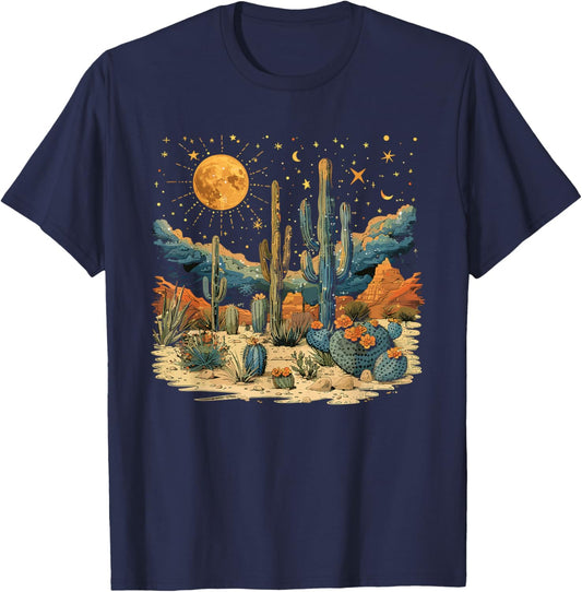 Saguaro Cactus Desert Art Moon Nature T-Shirt - T-Shirt | Navy