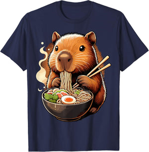 Capybara Eats Ramen Noodles Cute Capybara Ramen T-Shirt - T-Shirt | Navy
